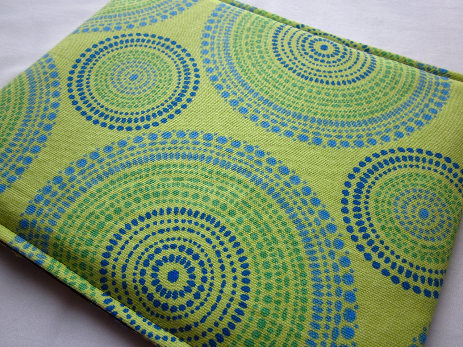 iPad 2 sleeve - hand embroidered iPad 2 cover - tablet case - lime green, blue and yellow kaleidoscope - quilt lined slim design