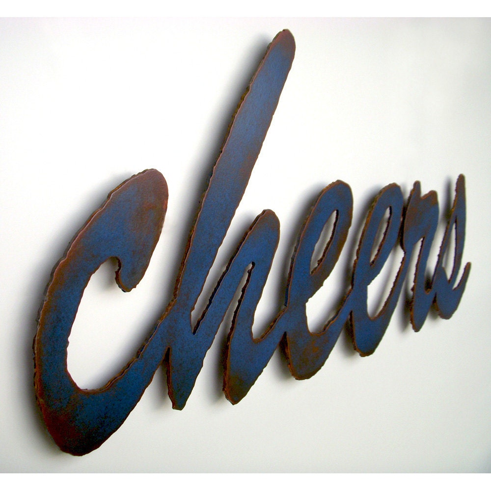 cheers custom sign bar sign wall art - 24" wide - metal sign blue rust patina steel sign