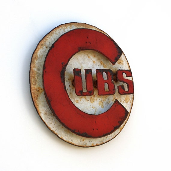 Chicago CUBS wall art logo 12" diameter - white and red with rust patina - indoor outdoor