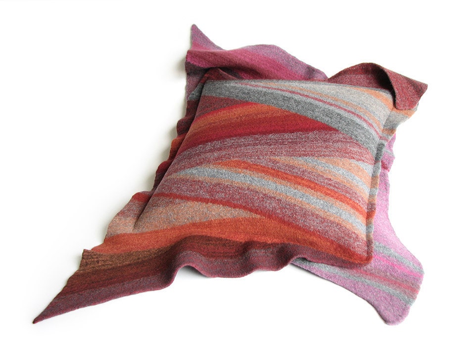 Wool Felted Throw Pillow Case 18x18 - Diagonal Striped Cushion Cover - Home Decor