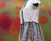 Fun in the Sun Top,embroidered knit,flowing bottom, upcycled, reconstructed, asymmetrical hem, cream gray and taupe. size medium