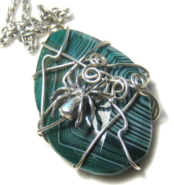 Arachnid Spider Green Striped Agate Pendant Antiqued Silver Chain Necklace Halloween
