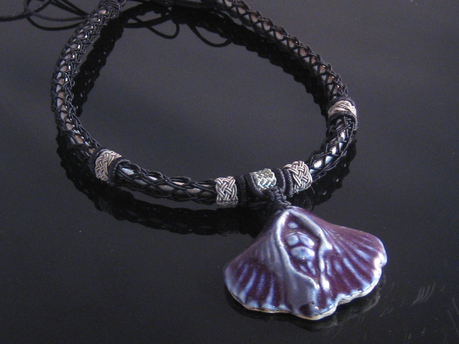 Purple Shell Goddess Earthenware Clay Pendant Macrame Necklace