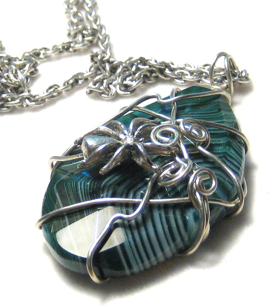 Arachnid Spider Green Striped Agate Pendant Antiqued Silver Chain Necklace Halloween