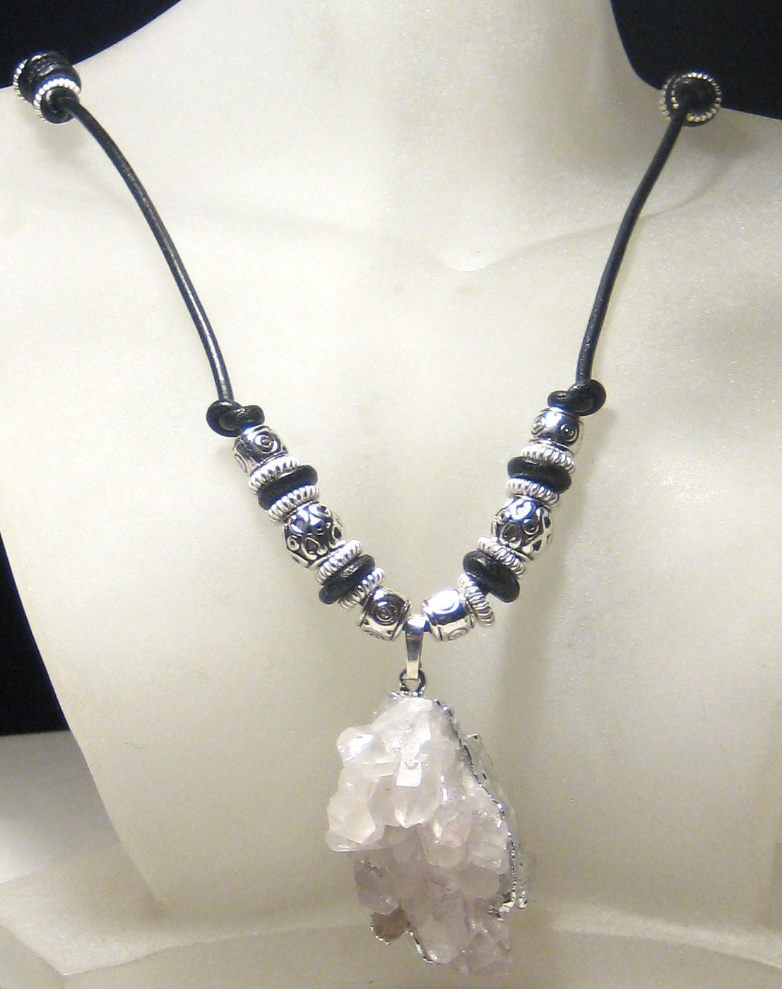 Crystal Quartz Cluster Pendant Leather Necklace