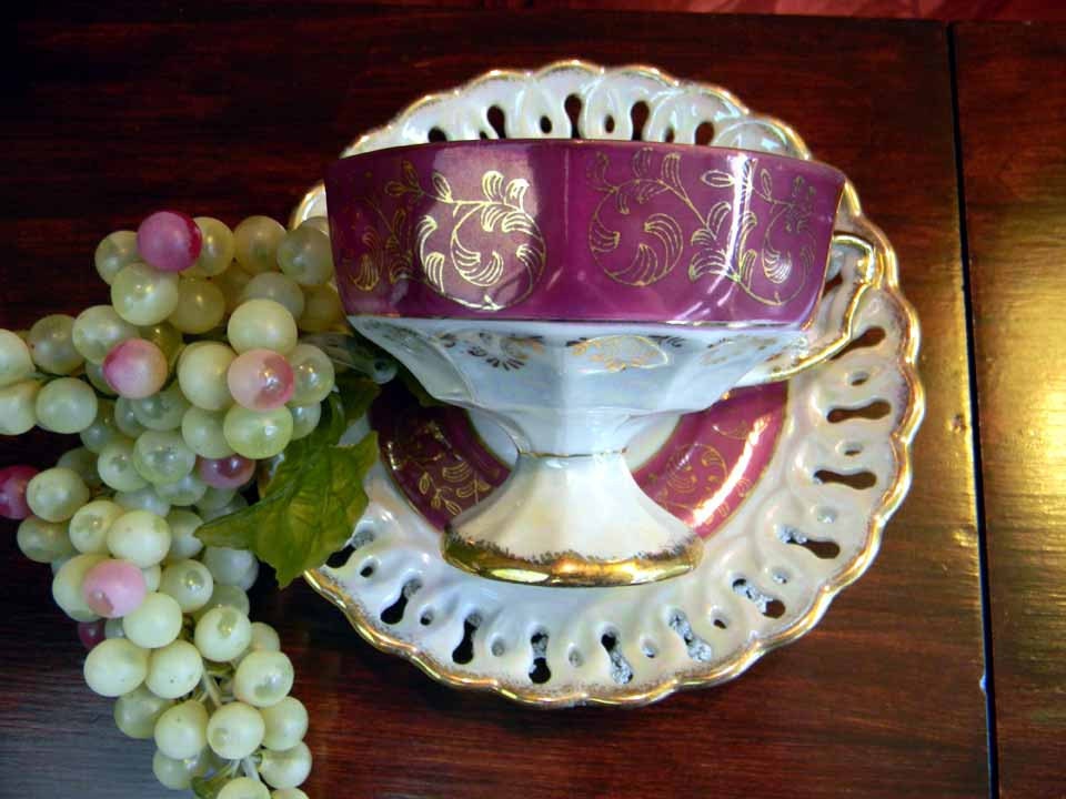 Royal Crown Tea Cup Crimson Iridescent Pedestal Teacup and Reticulated Saucer Japan 3770