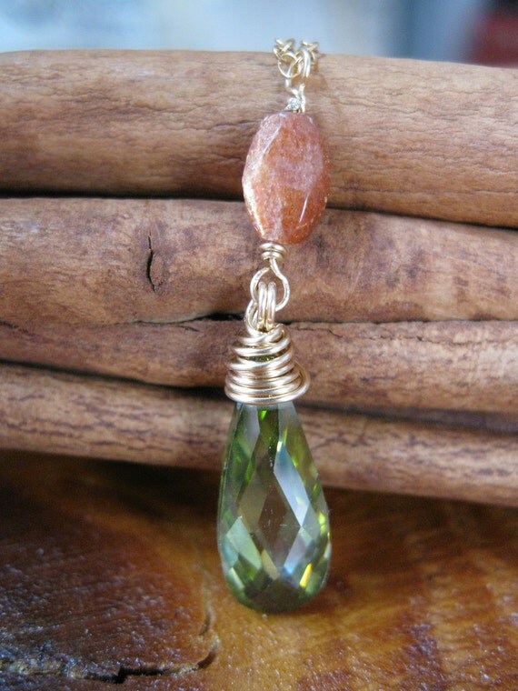 Olive Cubic Zirconia, Sunstone Gold Necklace