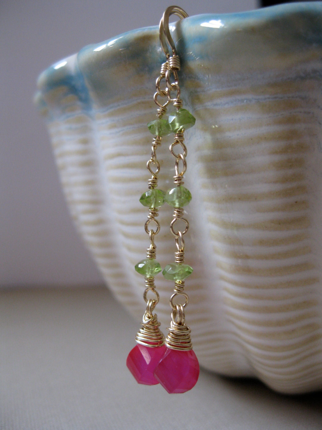 Hot Pink Chalcedony, Peridot Earrings