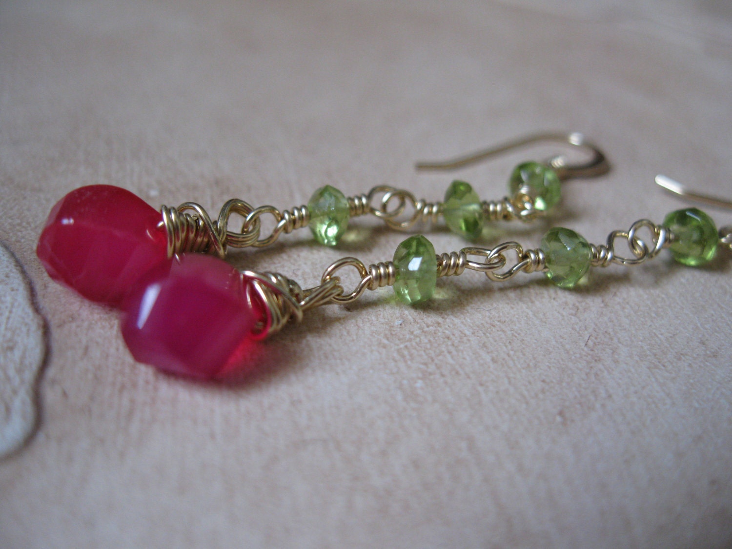 Hot Pink Chalcedony, Peridot Earrings