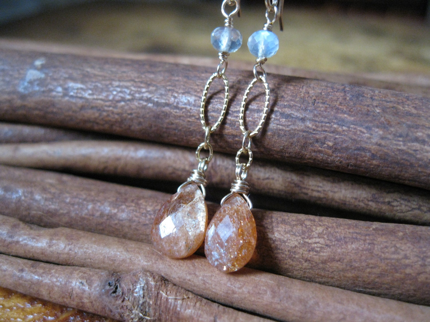 Sunstone & Moonstone, Gold Earrings