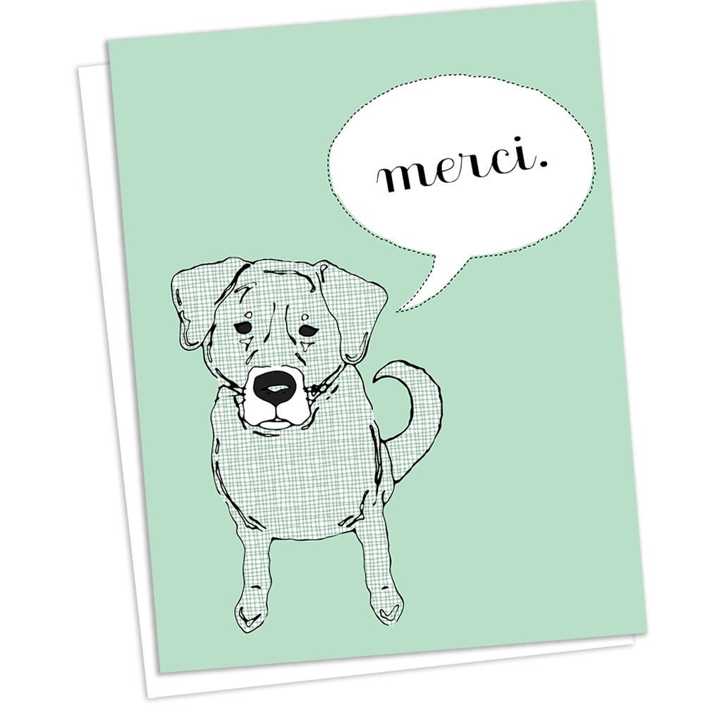 Merci - Thank You Dog Greeting Card and Envelope - Mint Green and White
