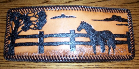 Hand Carved Mens Natural Leather Billfold- Horse Silhouette