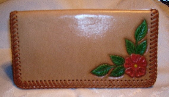 Hand Tooled Painted Floral Natural Leather Checkbook Cover