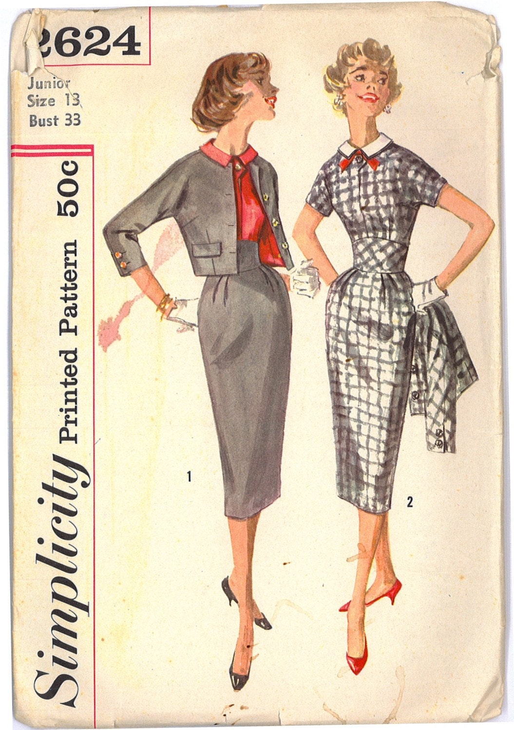 1950s Womens Rockabilly Dress with Jacket Vintage Sewing Pattern Simplicity 2624 Bust 33