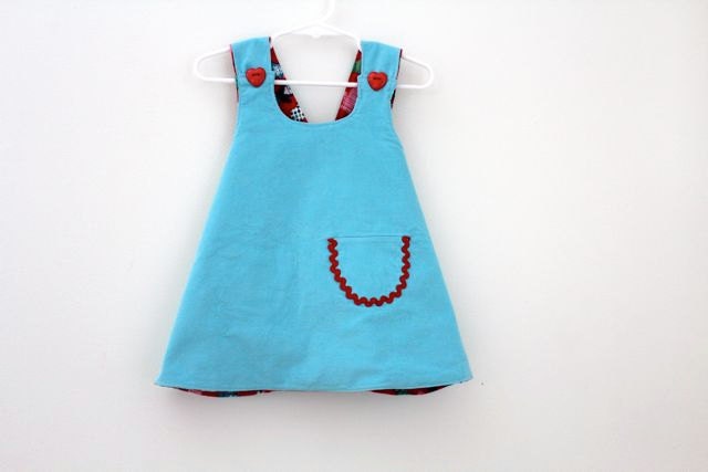 Robin Egg Blue Corduroy and Red Flannel Reversible Pinafore 12 Months. Holiday Fashion. Winter Fashion
