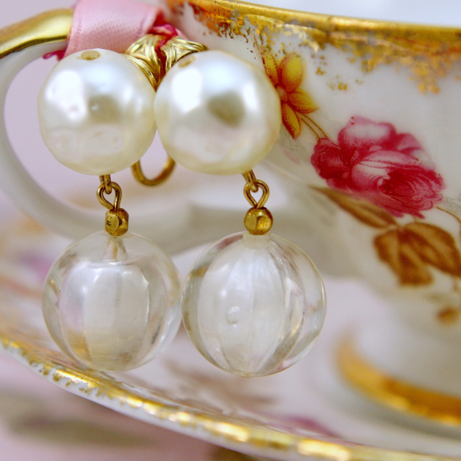 Vintage pearl and bauble large drop clip earrings