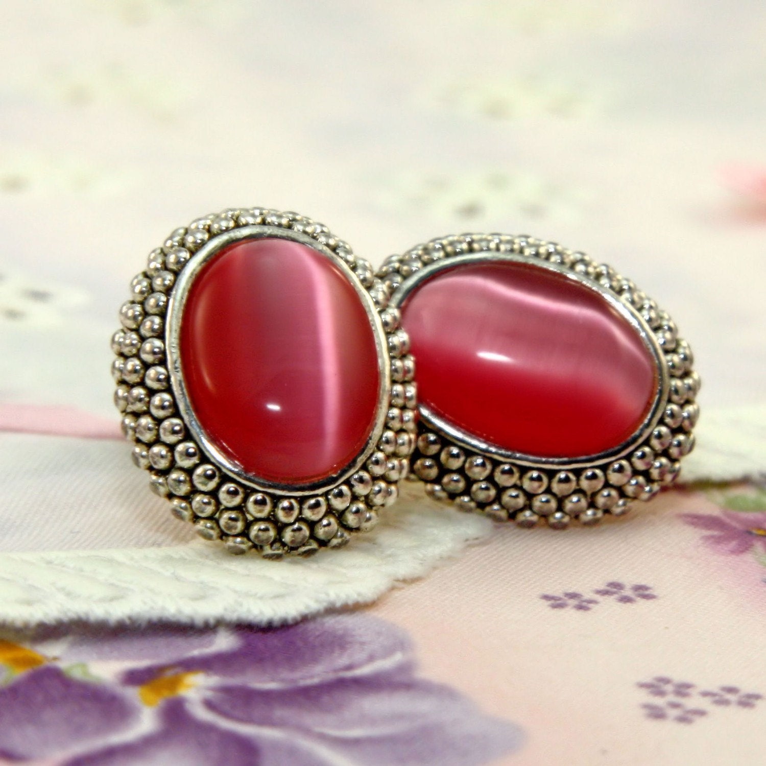 Vintage pink glass cabochon and antique silver earrings