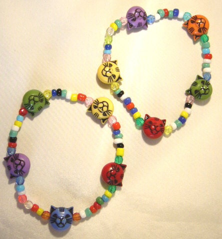Yellow, Summer Theme 2 Multicoloured Handcrafted CAT'S head beads, children's Bracelets, jewellry for children