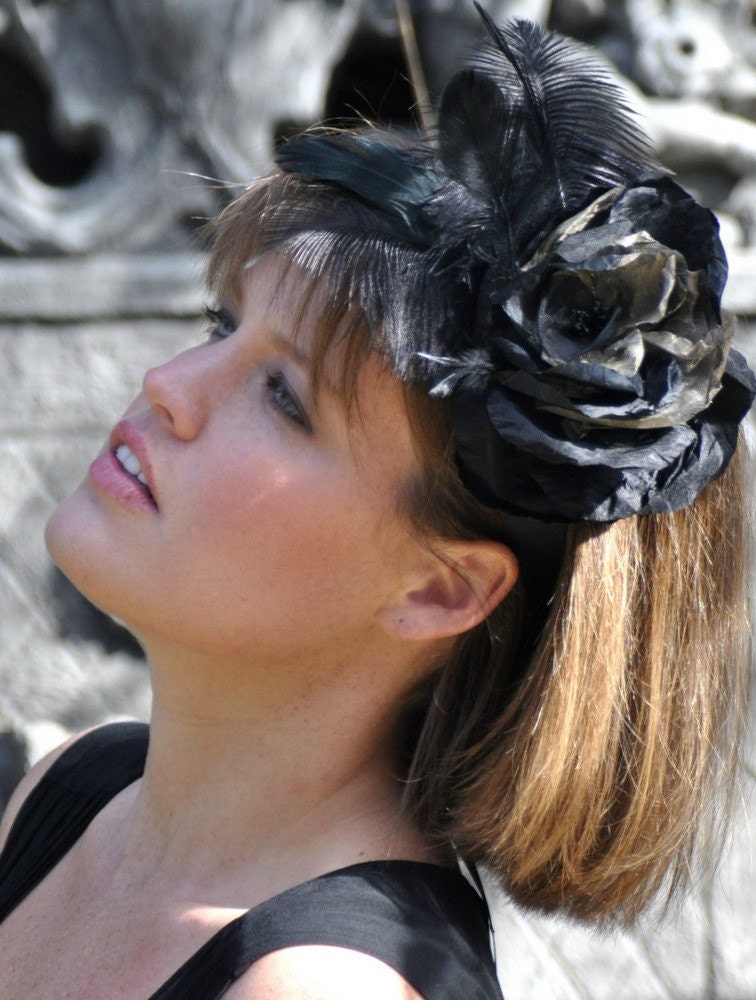 Feather Fascinator with Handmade Black Silk Rose