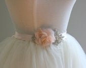 Anna  Bridal Sash/Headband in Soft Pale Peach with Rhinestones, Pearls & Flowers