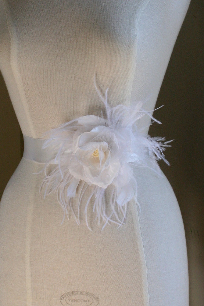 Bridal Sash-Elizabeth Romantic Flower & Feather in Ivory and Soft White