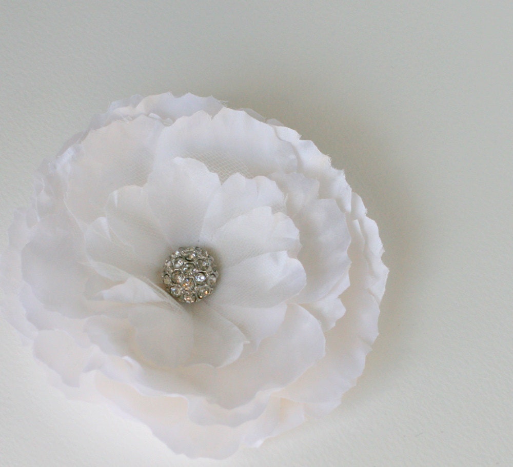 Bridal Hair Flower- Bridal Peony in White with French Silk Tulle & Rhinestone Center, Hair Accessory or Sash Flower
