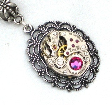 Steampunk - ELEGANT LACE Watch Movement - Necklace Pendant - Antique Silver Setting - Neo Victorian - GlazedBlackCherry