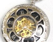 Steampunk - VINTAGE FLOWER -  Pocket Watch - Mechanical - Necklace - Shiny Silver - Neo Victorian - GlazedBlackCherry