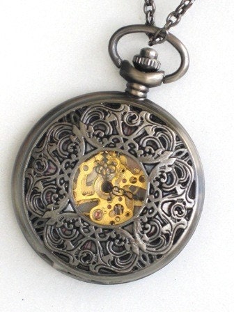 Steampunk - VICTORIAN TIMES -  Pocket Watch - Mechanical -  Necklace - Antique Brass  - Neo Victorian - By GlazedBlackCherry