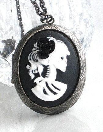 Steampunk Cameo Necklace Locket - SKELETON LADY - Black Rose - Antique Silver Setting - Neo Victorian - Jewelry - By GlazedBlackCherry