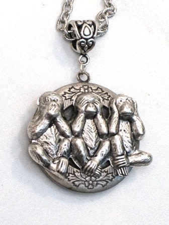 Steampunk - SPEAK SEE HEAR No Evil Locket Necklace - Antique Silver Pendant - Neo Victorian - By GlazedBlackCherry
