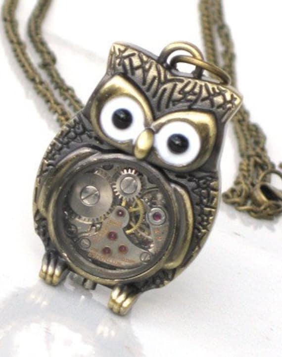 Steampunk - Time Flys MR OWL Pendant- Jeweled Watch Movement - Gears and Cogs - Antique Brass - Neo Victorian - By GlazedBlackCherry