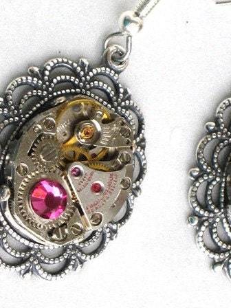 Steampunk - WATCH MOVEMENT EARRINGS - Antique Silver Setting - Neo Victorian - Pink crystal - Piece By GlazedBlackCherry
