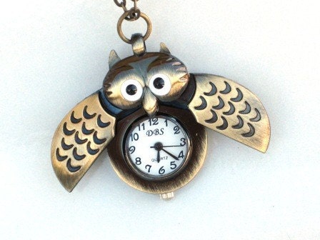 Steampunk - MIDNIGHT OWL Pocket Watch - Wings Open - Necklace - Antique Brass - Neo Victorian - By GlazedBlackCherry