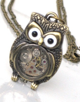 Steampunk - Time Flys MR OWL Pendant- Jeweled Watch Movement - Gears and Cogs - Antique Brass - Neo Victorian - By GlazedBlackCherry