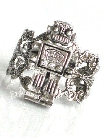 Steampunk MR ROBOT Ring - Antique Silver - Filigree Setting - Miniture Toy Robot - Retro - Geekery - By GlazedBlackCherry