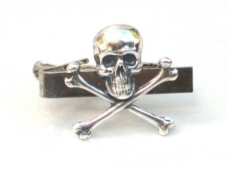 Steampunk - Pirate SKULL and CROSSBONES - Men's Tie Bar Clip - Antique Silver - By GlazedBlackCherry