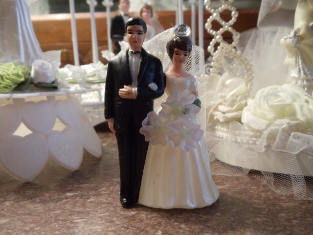 Miniature Bride and Groom With Bouquet and Veil Vintage 1960's Repurposed Vintage Style Shower Wedding Decoration