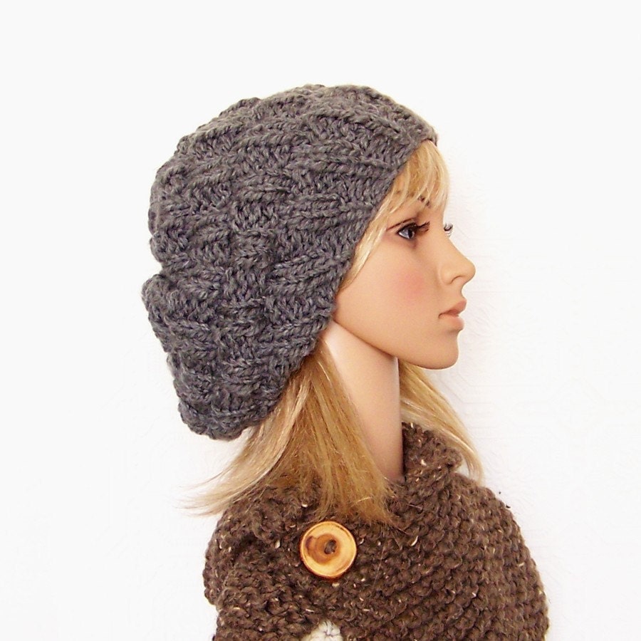Hand knit hat - gray rippled beehive hat - accessories - beehive hat Winter Fashion by Sandy Coastal Designs