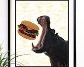20% OFF Sale. Hippopotamus art print hippo hamburger jungle art wall hangings 8x10 (1009)