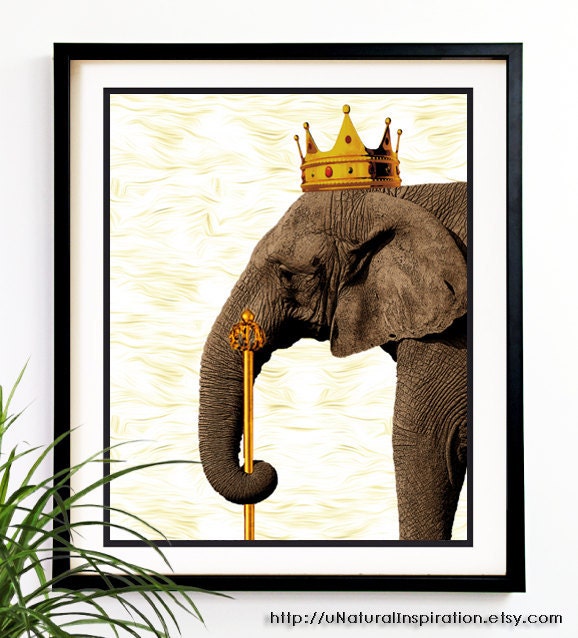 20% OFF Sale. Elephant Art print Office decor King elephant crown elephant print wall art elephant decor 8x10 (1018)