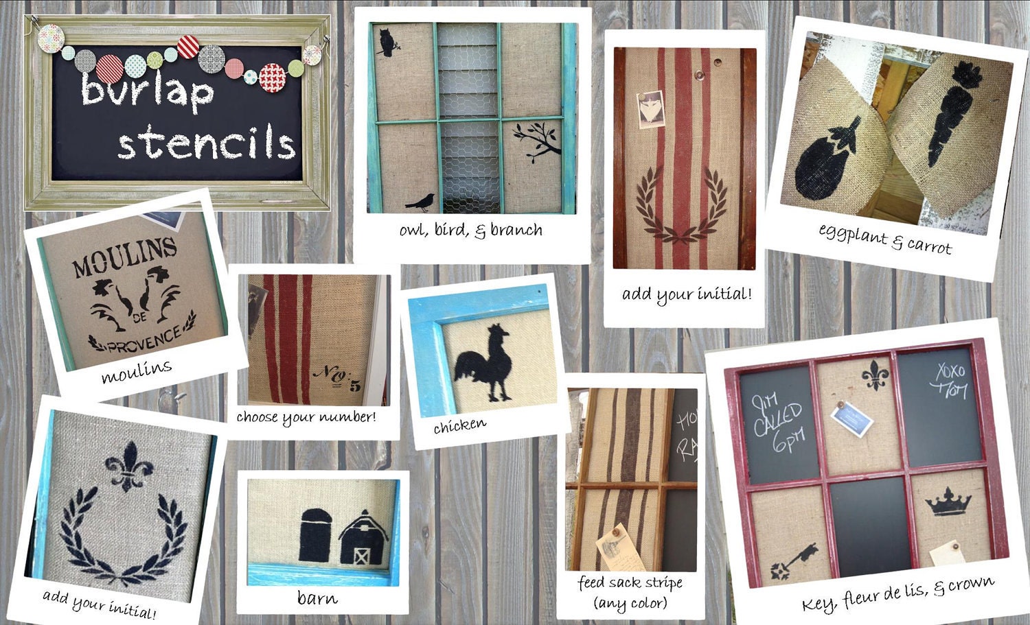 burlap covered corkboard, chalkboard, and chickenwire combo in vintage barnwood window