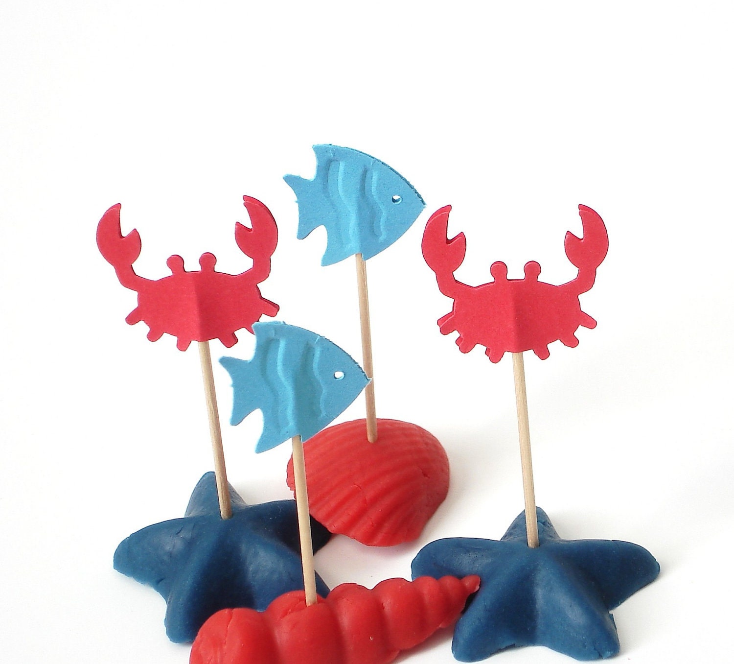 24 Sea Life Blue Fish Red Crab Cupcake Toppers, Party Picks, Toothpicks, Food Picks - No447