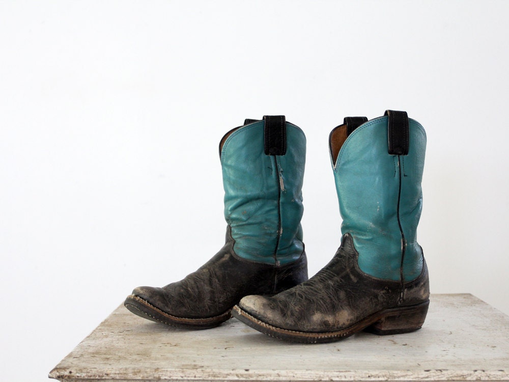 1960s Olathe Boots // Turquoise Leather // Vintage Western Boots // Men's 8.5 / Women's 10
