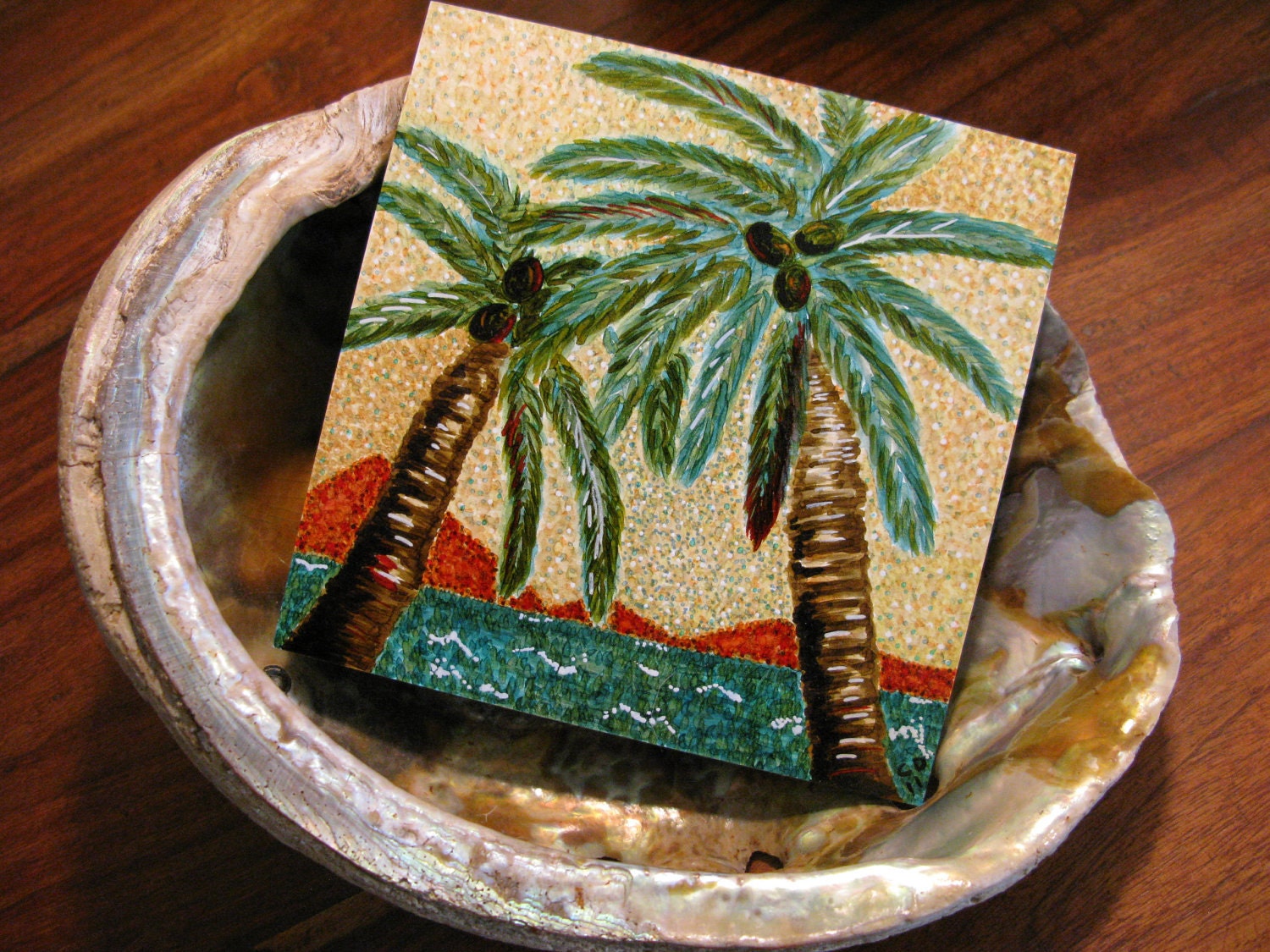 Palm View OOAK Original tiny painting, tropical island getaway, small space art for a take me away moment