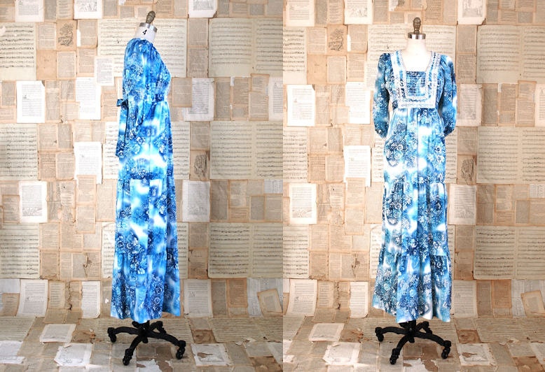 vintage 70s blue floral peasant maxi dress s/m