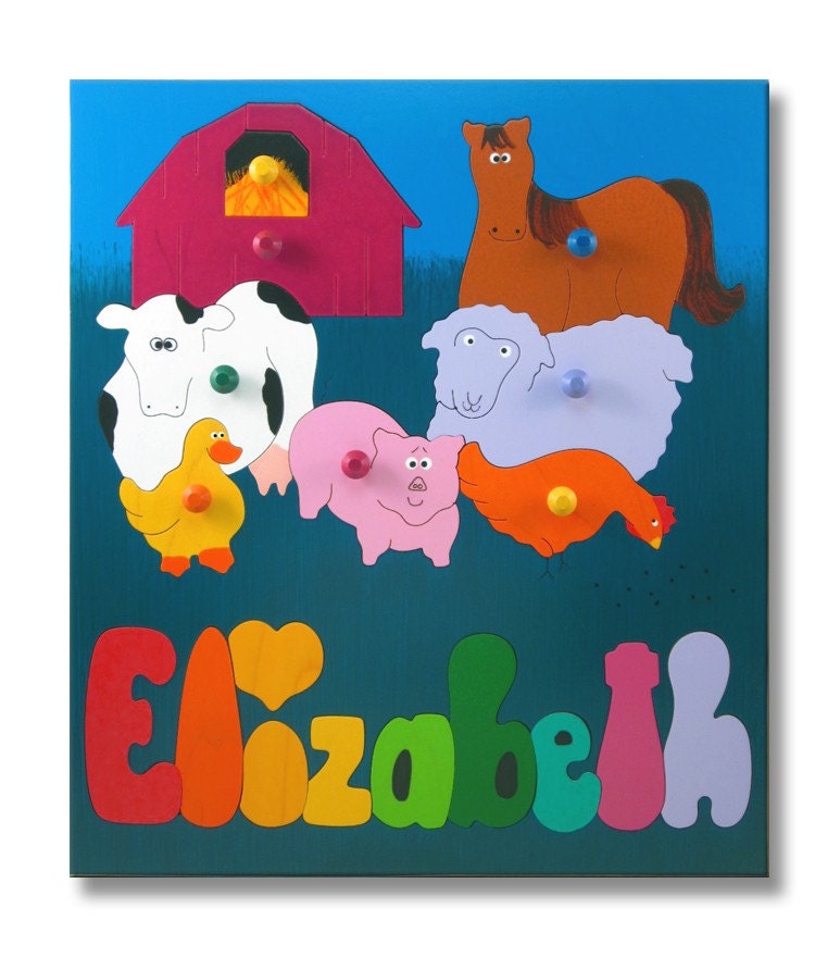 Wooden Name Puzzle with Pegs Old MacDonald Farm Animals