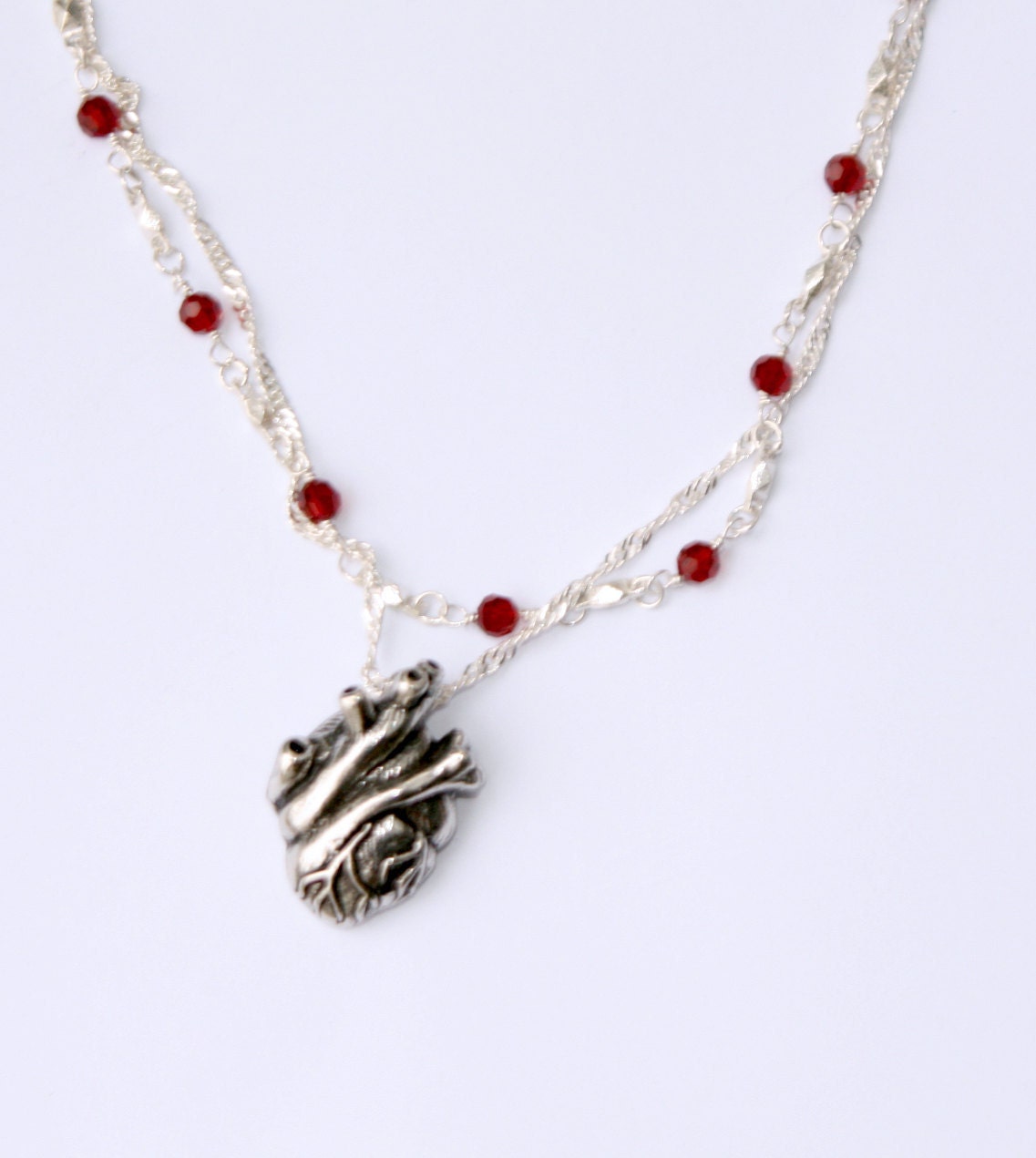 Anatomical Heart Necklace with Garnet Crystal chain