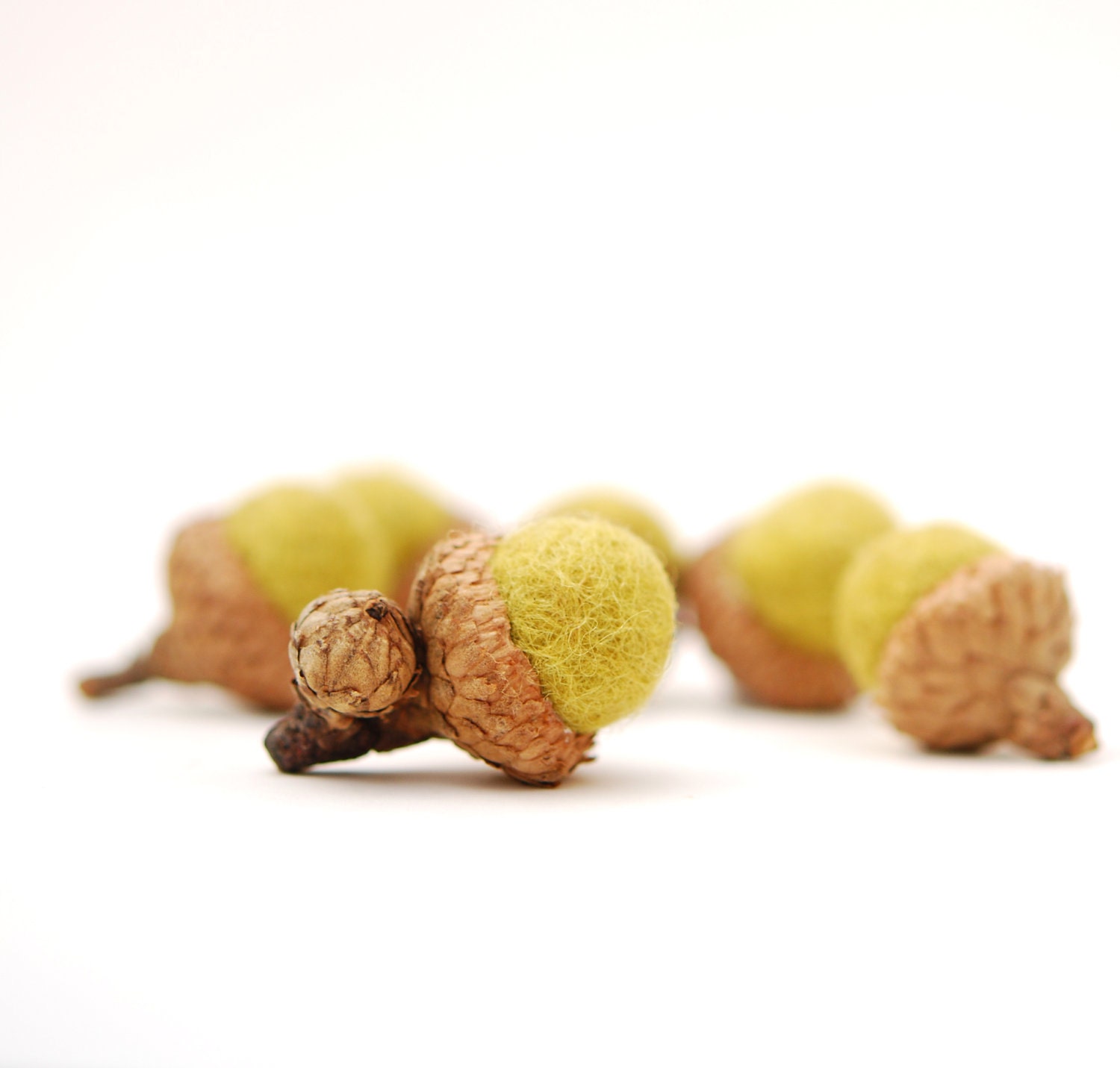 Felted Acorns,  moss nature woodland decor olive green ecofriendly