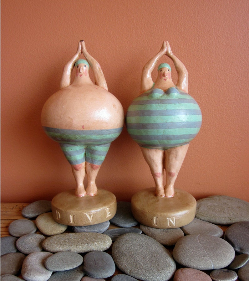 Folk Art Primitive Swimmer Diving Couple Valentines Day